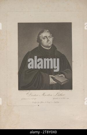 Dr. Martin Luther. Gebohren d: 10. Nov. 1483; Gestorben d: 18. Feb: 1546.", Antoine-Achille Bourgeois de La Richardière (1777-1838), Kupferstecher, Datum vor 1838, Papier, gepunktet, Höhe 42, 2 cm, Breite 28, 9 cm, Plattengröße 28, 5 x 23, 1 cm, Inschrift: 'Lucas Cranach pinx. 1543.", "Bourgs. De la Richardiere sculp.“, „Verlegt bey Tessari & Compe in Augsburg.“, Bildende Künste, Nachlass Constantin von Wurzbach, Porträt, man, Martin Luther., Sammlung Wien Stockfoto