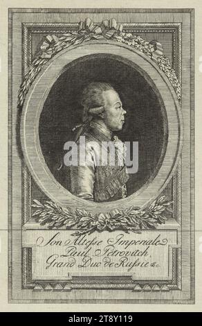 Großherzog Paul von Russland (1754-1801), der spätere Zar Paul I., Unbekannt, Datum um 1782, Papier, Kupferstich, Plattengröße 17, 6 x 11, 6 cm, Blattgröße 20, 6 x 13, 4 cm, Beschriftung, Mi. u.: Son Altesse Imperiale, Paul Petrovitch, Großherzog von Russie &amp;c, Bildende Künste, Aristokratie, Porträt, Herrscher, Herrscher, Mann, die Wiener Sammlung Stockfoto