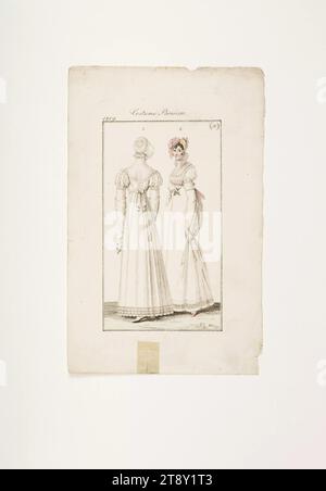 Modebild: "Zwei Pariser Frauen in weißen Kleidern", Unknown, 1809, Papier, farbig, Kupferstich, Höhe 22, 3 cm, Breite 14, 1 cm, Tellergröße 15, 2 x 8, 6 cm, Mode, Bourgeoisie, Modeteller, Kopfbedeckung, Frau, Kleid, Kleid, Die Wiener Sammlung Stockfoto