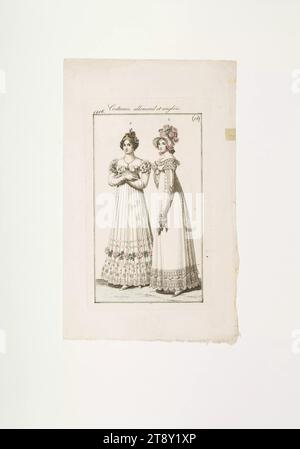 Modebild: 'Englische Frau mit Haarschmuck, Wienerin mit Blumenhut', Unbekannt, 1816, Papier, koloriert, Kupferstich, Höhe 21, 7 cm, Breite 13, 5 cm, Tellergröße 14, 8 x 8, 5 cm, Mode, Bourgeoisie, Biedermeier, Modeteller, Kopfbedeckung, Frau, Kleid, Kleid, die Wiener Sammlung Stockfoto