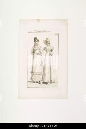 Modebild: "Zwei Pariser Frauen in Perkalroben und -Rüschen", Unknown, 1816, Papier, farbig, Kupferstich, Höhe 21, 7 cm, Breite 13, 5 cm, Tellergröße 15 x 8, 4 cm, Mode, Bourgeoisie, Biedermeier, Modeteller, Kopfbedeckung, Frau, Kleid, Kleid, Die Wiener Sammlung Stockfoto