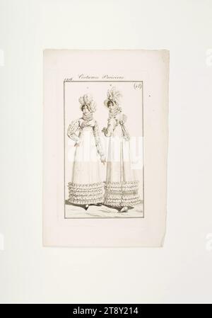 Modebild: "Zwei Pariser Frauen in Perkalkleidern, Strohhüten und Rüschen", Unknown, 1816, Papier, farbig, Kupferstich, Höhe 21, 8 cm, Breite 13, 9 cm, Plattengröße 15, 2 x 8, 7 cm, Mode, Bourgeoisie, Biedermeier, Modeteller, Kopfbedeckung, Frau, Kleid, Kleid, die Wiener Sammlung Stockfoto