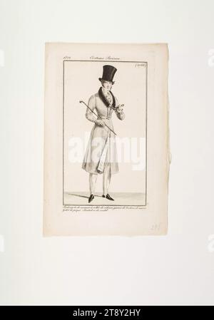 Modeschild: 'Franzose im Reitmantel mit Velourkragen, Hut, Stock und einzelnes Glas', Unknown, 1822, Papier, farbig, Kupferstich, Höhe 21, 5 cm, Breite 13 cm, Plattengröße 15, 5 x 9 cm, Fashion, Bourgeoisie, Biedermeier, Modeteller, Kopfbedeckung, Dandy, Beau, Mantel, Mann, Die Wiener Sammlung Stockfoto