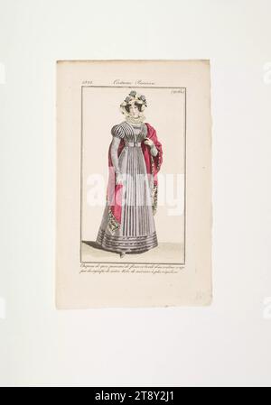 Modebild: 'Pariser Frau mit Gaze-Blumenhut, Rüsche, großem rotem umhang und Plissekleid', Unbekannt, 1822, Papier, farbig, Kupferstich, Höhe 21, 5 cm, Breite 13 cm, Plattengröße 15, 3 x 9 cm, Fashion, Bourgeoisie, Biedermeier, Modeteller, Kopfbedeckung, umhang, Frau, Kleid, Kleid, Die Wiener Sammlung Stockfoto