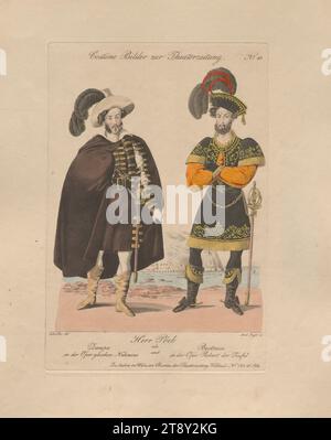 Herr Pöck als Zampa in der gleichnamigen Oper und Bertram in der Oper Robert der Teufel (Kostümbild Nr. 10 zur Theaterzeitung), Andreas Geiger (1765-1856), Kupferstecher, 1833, koloriert, Kupferstich, Bogengröße 29, 7x23, 3 cm, Theater, darstellende Künste, bildende Künste, Schauspieler (auf der Bühne), Wiener Sammlung Stockfoto