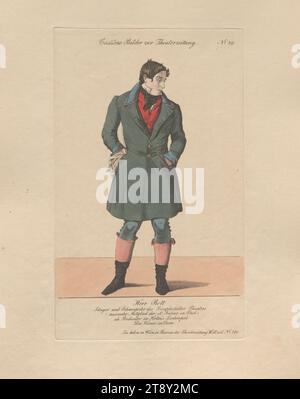 Herr Rott als Kellner in Holtei' Liedstück 'die Wiener in Paris' (Kostümbild Nr. 39 für die Theaterzeitung), Unbekannt, 1836, koloriert, Kupferstich, Blattgröße 29, 5 x 23, 5 cm, Theater, darstellende Kunst, bildende Kunst, Schauspieler (auf der Bühne), Sammlung Wien Stockfoto