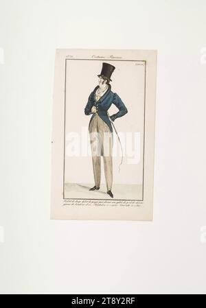 Modebild: 'Franzose im Reitanzug mit Hut und Peitsche', Unknown, 1822, Papier, farbig, Kupferstich, Höhe 19, 5 cm, Breite 11, 7 cm, Tellergröße 16x9 cm, Mode, Bourgeoisie, Biedermeier, Freizeit und Freizeit, Sport, Modeteller, Kopfbedeckung, Dandy, Beau, Mann, die Wiener Sammlung Stockfoto