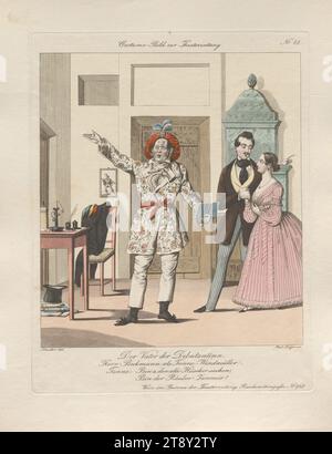 Friedrich Beckmann und zwei namenlose Schauspieler in „der Vater der Debütantin“ (Kostümskizze Nr. 88 für die Theaterzeitung), Andreas Geiger (1765-1856), Kupferstecher, 1841, koloriert, Kupferstich, Bogengröße 31 x 24, 5 cm, Theater, darstellende Kunst, Bildende Kunst, Schauspieler (auf der Bühne), Friedrich Beckmann, Sammlung Wien Stockfoto