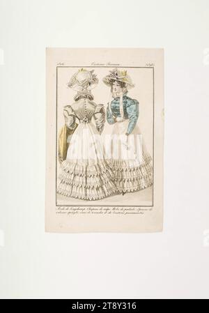 Modebild: "Zwei Pariser Frauen in Kleidung für Longchamp, Hüte und Spencer", Unknown, 1826, Papier, koloriert, Kupferstich, Höhe 21, 8 cm, Breite 13, 3 cm, Tellergröße 15, 5 x 11 cm, Mode, Bourgeoisie, Biedermeier, Modeteller, Kopfbedeckung, Frau, Kleid, Kleid, die Wiener Sammlung Stockfoto