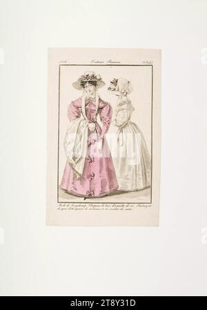 Modebild: "Zwei Pariser Frauen in Longchamp Kleidung, Hüte und Mäntel", Unknown, 1826, Papier, farbig, Kupferstich, Höhe 20, 2 cm, Breite 13 cm, Tellergröße 15, 5 x 10, 7 cm, Mode, Bourgeoisie, Biedermeier, Modeteller, Kopfbedeckung, Mantel, Frau, Kleid, Kleid, die Wiener Sammlung Stockfoto