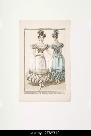 Modebild: 'Zwei Pariser Frauen mit festlichen Frisuren, Tanzkleidern, Handschuhen und Fans', Unknown, 1827, Papier, farbig, Kupferstich, Höhe 21, 3 cm, Breite 13, 3 cm, Plattengröße 16 x 10, 6 cm, Mode, öffentliche Feste und Feste, Modeteller, Kleidung für offizielle Anlässe, die Wiener Sammlung Stockfoto