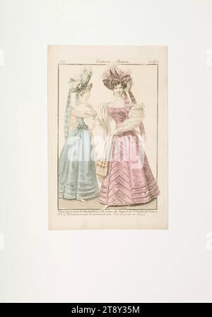 Modebild: Zwei Pariser Frauen in rosa und blauem Moiré-Kleid, Unbekannt, 1827, Papier, farbig, Kupferstich, Höhe 20, 6 cm, Breite 13, 4 cm, Tellergröße 17, 6 x 12, 9 cm, Mode, Bourgeoisie, Biedermeier, Modeteller, Kopfbedeckung, Frau, Kleid, Kleid, die Wiener Sammlung Stockfoto