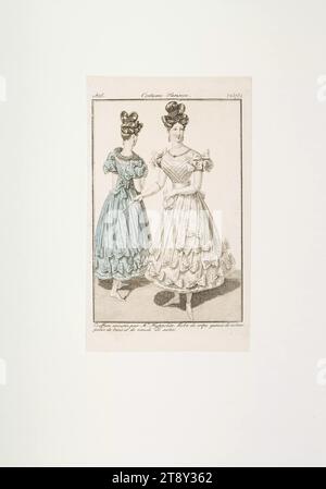 Modebild: Zwei Pariser Frauen in weißem und blauem Kreppkleid, Unbekannt, 1828, Papier, farbig, Kupferstich, Höhe 20, 8 cm, Breite 13 cm, Plattengröße 18, 5 x 12 cm, Fashion, Bourgeoisie, Biedermeier, Modeteller, Kopfbedeckung, Frau, Kleid, Kleid, die Wiener Sammlung Stockfoto