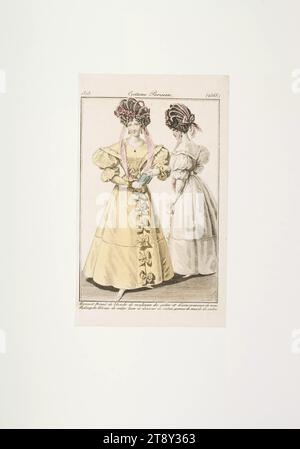 Modebild: Zwei Pariser Frauen mit rothingote-Bluse in weiß und gelb, Unbekannt, 1828, Papier, farbig, Kupferstich, Höhe 19, 9 cm, Breite 12 cm, Plattengröße 17, 5 x 11, 5 cm, Mode, Bourgeoisie, Biedermeier, Modeteller, Kopfbedeckung, Frau, Kleid, Kleid, Die Wiener Sammlung Stockfoto