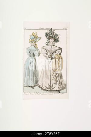 Modebild: Zwei Pariser Frauen mit Capotten und Rotingoten in Grau und Blau, Unbekannt, 1827, Papier, farbig, Kupferstich, Höhe 20, 9 cm, Breite 13 cm, Plattengröße 19, 4 x 13 cm, Fashion, Bourgeoisie, Biedermeier, Modeteller, Kopfbedeckung, Frau, Kleid, Kleid, die Wiener Sammlung Stockfoto