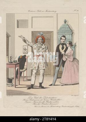 Friedrich Beckmann und zwei namenlose Schauspieler in „der Vater der Debütantin“ (Kostümbild Nr. 88 zur Theaterzeitung), Andreas Geiger (1765-1856), Stecher, 1841, Papier, farbig, Kupferstich, Bogengröße 30, 7 x 23, 4 cm, Theater, darstellende Künste, Bildende Künste, Schauspieler (auf der Bühne), Schauspieler Porträt, Schauspielerin Friedrich Beckmann, Sammlung Wien Stockfoto