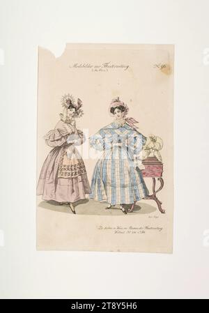 Modebild: Zwei Figuren, Haus und formelles Kleid, Unbekannt, 1832, Papier, farbig, Kupferstich, Höhe 23, 5 cm, Breite 15, 5 cm, Tellergröße 22, 2 x 14, 8 cm, Mode, Bourgeoisie, Biedermeier, öffentliche Feste und Feste, Modebretter, Kopfbedeckungen, Kleidung für offizielle Anlässe, Frau, Kleid, Kleid, die Wiener Sammlung Stockfoto