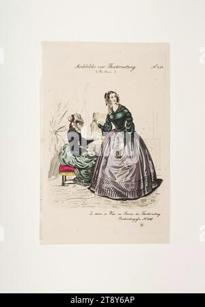 Modebild: Zwei Figuren, weibliche Hausanzüge, Unbekannt, 1839, Papier, farbig, Kupferstich, Höhe 23, 2 cm, Breite 15 cm, Tellergröße 21 x 13, 8 cm, Fashion, Bourgeoisie, Fashion Teller, Kopfbedeckung, Frau, Kleid, Kleid, die Wiener Sammlung Stockfoto