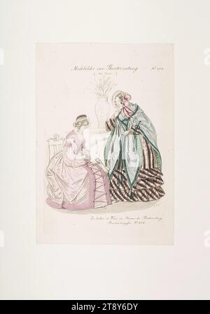 Modebild: Zwei Figuren, Haus- und Besucherkleid, Unbekannt, 1839, Papier, farbig, Kupferstich, Höhe 22, 6 cm, Breite 15, 5 cm, Tellergröße 21 x 13, 9 cm, Fashion, Bourgeoisie, Fashion Teller, Kopfbedeckung, Frau, Kleid, Kleid, die Wiener Sammlung Stockfoto