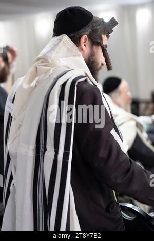 Ein orthodoxer jüdischer Mann mit langem Curly Peyus bei Morgengebeten in einer Synagoge im Rockland County, New York. Stockfoto