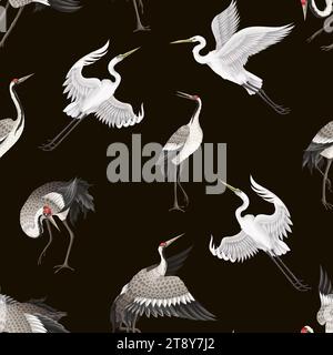 Nahtloses Muster mit tanzenden Krenies und Reihern. Vektor. Stock Vektor
