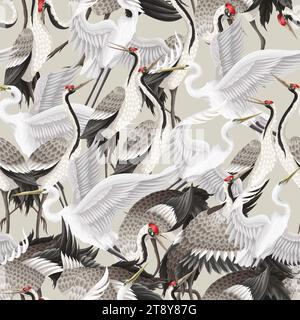 Nahtloses Muster mit tanzenden Krenies und Reihern. Vektor. Stock Vektor