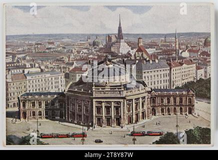 Wien, Burgtheater, PAG Wien Verlag, Produzent, Datum nach 1933, Pappe, Halbtondruck, Höhe x Breite 9,8 x 14,4 cm, Ringstraße, Sehenswürdigkeiten, Theater, St. Stephansdom, öffentliche Verkehrsmittel, Medien und Kommunikation, Verkehr und Verkehr, 1. Bezirk: Innenstadt, Theater (Gebäude), Dach (Haus oder Gebäude), Eisenbahn, Straßenbahn; Zahnradbahn, mit Menschen, Die Wiener Sammlung Stockfoto