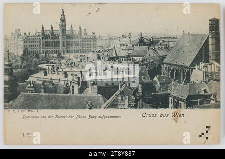 Panorama von der Kuppel des Neuen Schlosses. Gruß aus Wien, B. Traub & Co, Produzent, 1898, Karton, Kollotype, 1: Innenstadt, Dach (Haus oder Gebäude), Rathaus, Kirche (außen), Wiener Rathaus, Minoritenkirche. Die Wiener Sammlung Stockfoto