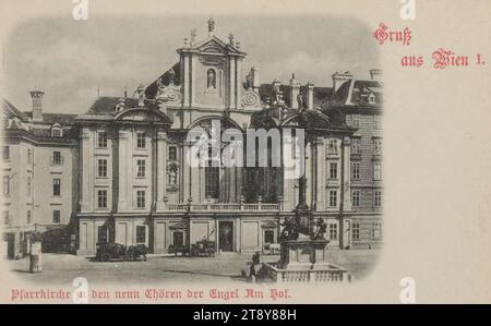 Gruß aus Wien I.. Pfarrkirche zu den neun Chören von Engeln am Hof, Carl (Karl) Ledermann Jr., Manufaktur, Datum um 1898, Pappe, Kollotype, Bezirk 1: Innenstadt, Platz, Ort, Zirkus usw. mit Menschen, Skulptur, Kirche (außen), Denkmal, Statue, Kirche am Hof, am Hof, Sammlung Wien Stockfoto