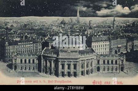 Panorama mit k. k. Hof-Burgtheater. Gruß aus Wien, Carl (Karl) Ledermann Jr., Produzent, Datum um 1898, Karton, Kollotype, Höhe x Breite 9 x 14 cm, Sehenswürdigkeiten, Ringstraße, Theater, 1. Bezirk: innere Stadt, Theater (Gebäude), Nacht, Dach (Haus oder Gebäude)., Wiener Sammlung Stockfoto