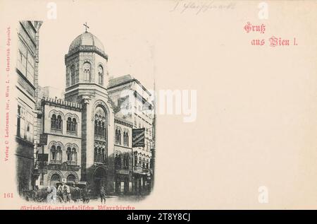 Gruß aus Wien I.. Griechisch-orthodoxe Pfarrkirche, Carl (Karl) Ledermann Jr., Hersteller, datiert um 1898, Karton, Kollotype, Bezirk: Innenstadt, Straße, gewöhnliches Haus oder Reihe von Häusern, Mehrfamilienhaus, Mietshaus, Haus mit Geschäft, Kirche (außen), vierrädriges Fahrzeug gezogen von Tieren, z. B. Droschke, Kutsche, Wagen, mit Personen, griechisch-orthodoxe Dreifaltigkeitskirche, Fleischmarkt, Wiener Sammlung Stockfoto