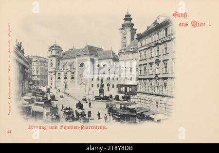 Gruß aus Wien I.. Pfarrkirche Freyung und Schotten, Carl (Karl) Ledermann Jr., Baumeister, Datum um 1898, Karton, Kollotype, Märkte, Handel, 1. Bezirk: Innenstadt, Kirche (außen), Platz, Platz, Zirkus, etc., dekorativer Brunnen, Skulptur, mit Menschen, Fleiß, omnibus, Pferdestraßenbahn, vierrädrig, Tierfahrzeug, z. B.: Reisebus, Wagen, Wagen, (Bauern-)Wagen, Güterwagen, Wagen, Schottenkirche, Freyung, Sammlung Wien Stockfoto