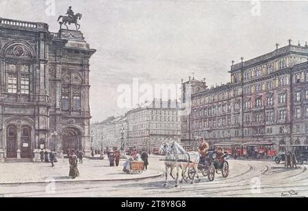 1., Kärntner Straße, Blick vom Opernring, Ansichtskarte, 1900-1910, beschichtete Pappe, Halbtondruck, Musik, Theater, Ringstraße, öffentliche Verkehrsmittel, Verkehr und Verkehr, 1. Bezirk: innere Stadt, Oper, Vierrad-Zugfahrzeug, z. B. Droschke, Kutsche, Wagen, Eisenbahn, Straßenbahn; Zahnradbahn, das übliche Haus oder die übliche Hausreihe, Mehrfamilienhaus, Mietshaus, Haus mit Geschäft, Kärntner Straße, staatsoper, Wiener Sammlung Stockfoto