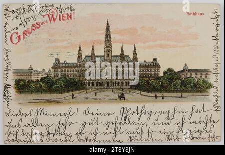 Begrüßung aus Wien! Rathaus, Unbekannt, Datum um 1900, Karton, Farblithographie, Inschrift, FROM, Vienna, TO, Gries bei Bozen, ADRESSE, Wohlgeborenes Fräulein, Gries bei Bozen, Hotel Mon séjour, Südtirol, NACHRICHT, lieber Mimerl! Wir alle mochten Ihre Phothographie sehr, und ich möchte Sie deshalb fragen, ob ich nicht auch ein so deftiges braunes Dirndl bekommen könnte. Wir haben jetzt sehr schlechtes, trostloses Wetter, Grüße und Küsse an Papa, Mama und Hilda, mit vielen herzhaften Küssen, Elsa, Sehenswürdigkeiten, Ringstraße, Park, Medien und Kommunikation, Postkarten mit Transliteration Stockfoto