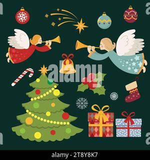 Flacher Vektor Satz von bunten Artikeln bezogen auf Weihnachten und Neujahr Thema. Weihnachtsmann. Elemente für Grußkarten isoliert Stock Vektor