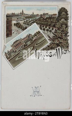 Begrüßung aus Wien. Cursalon. Franzensring, Regel & Krug Verlag, Produzent, 1897, beschichtete Pappe, Farblithografie, Ringstraße, Sehenswürdigkeiten, Gastfreundschaft, Park, 1. Bezirk: Innere Stadt, Rathaus, Theater (Gebäude), öffentliche Gärten, Park, parlament, parlament Wien, Sammlung Wien Stockfoto