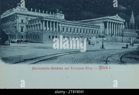 1., Dr.-Karl-Renner-Ring - Parlament, bei Nacht, Ansichtskarte, Carl (Karl) Ledermann jun., Produzent, Datum um 1898, Karton, Kollotype, Sehenswürdigkeiten, Ringstraße, Recht und Justiz, 1. Bezirk: innere Stadt, mit Menschen, Nacht, parlament, parlament Wien, Dr.-Karl-Renner-Ring, Sammlung Wien Stockfoto