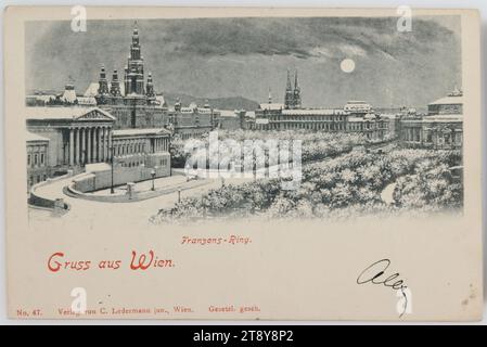 Begrüßung aus Wien. Franzens-Ring, Carl (Karl) Ledermann Jr., Produzent, 1898, Karton, Kollotype, Universitäten, Ringstraße, Sehenswürdigkeiten, Recht und Justiz, Theater, park, Winter, 1. Bezirk: Innenstadt, Rathaus, Theater (Gebäude), Schnee, Nacht, öffentliche Gärten, Park, parlament, parlament Wien, Dr.-Karl-Renner-Ring, Die Wiener Sammlung Stockfoto