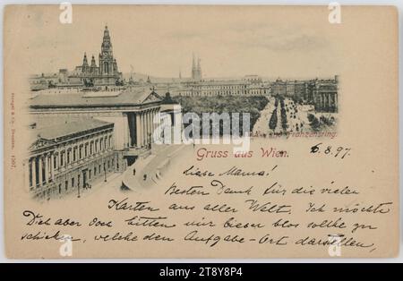 Begrüßung aus Wien. Reichsrathsgebäude und Franzensring, Stengel & Co, Dresden, Hersteller, 1897, Karton, Kollotypie, Beschriftung, AUS Wien, AN Peuerbach bei Neumarkt-Kalham, ADRESSE, an Hochwohlg., Frau, P. adr. Dr. Sassi, Peuerbach bei, Neumarkt-Kalham, Ober-Österreich, NACHRICHT, 6,8.97, Liebe Mama!, Besten Dank für die vielen Karten aus aller Welt. Ich möchte Sie jedoch bitten, mir eher nur solche zu schicken, die die Aufgabe, Sehenswürdigkeiten, Ringstraße, Recht und Justiz, Universitäten, Medien und Kommunikation, Postkarten mit Transliteration Stockfoto