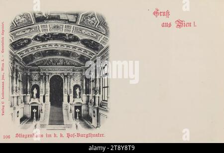 1., Universitätsring 2 - Burgtheater, Inneneinrichtung, Treppe, Ansichtskarte, Carl (Karl) Ledermann jun., Produzent, Datum um 1898, Karton, Kollotype, Theater, 1.: innere Stadt, Theater, Bürgerarchitektur; Gebäude; Appartements - AA - bürgerliche Architektur: Inneneinrichtung, Burgtheater, Inneneinrichtung  Darstellung eines Gebäudes, Wiener Sammlung Stockfoto