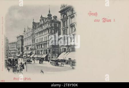 1., Stephansplatz - Blick gegen Stock-im-Eisen-Platz, Ansichtskarte, Carl (Karl) Ledermann jun., Produzent, Datum um 1898, Karton, Kollotype, 1: Innenstadt, Platz, Ort, Zirkus usw., das übliche Haus oder die Reihe von Häusern, Wohnhaus, Mietshaus, Haus mit Geschäft, mit Menschen, vierrädriger Zugwagen, z. B.: Droschke, Kutsche, Wagen, Diligence, omnibus, Pferdebahn, Stephansplatz, Wiener Sammlung Stockfoto