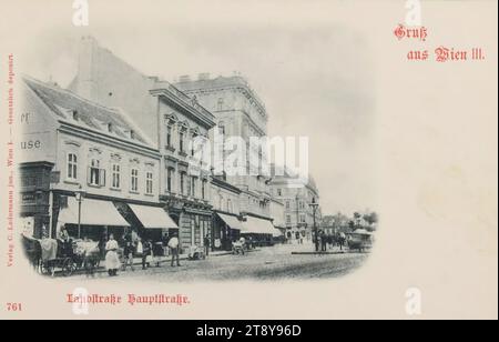 3., Landstraßer Hauptstraße - Blick Richtung Rochusmarkt, Ansichtskarte, Carl (Karl) Ledermann jun., Produzent, Datum um 1898, Karton, Kollotypie, 3: Landstraße, das übliche Haus oder die übliche Reihe von Häusern, Straßenbeleuchtung, Straße, Flachbau, Mietshaus, Haus kombiniert mit Geschäft, mit Menschen, Landstraßer Hauptstraße, Wiener Sammlung Stockfoto