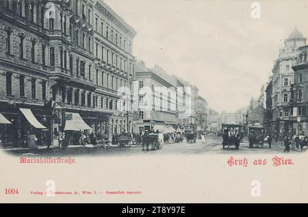 6., 7., Mariahilfer Straße - Allgemein, Ansichtskarte, Carl (Karl) Ledermann jun., Produzent, Datum um 1898, Karton, Kollotypie, Handel, 7. Bezirk: Neubau, 6. Bezirk: Mariahilf, Straße, das übliche Haus oder die Reihe von Häusern, Flachbau, Mietshaus, Haus mit Geschäft, mit Menschen, Diligence, Omnibus, Pferdebahn, Mariahilfer Straße, die Wiener Sammlung Stockfoto