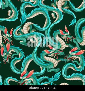 Nahtloses Muster mit grünen Drachen. Vektor. Stock Vektor