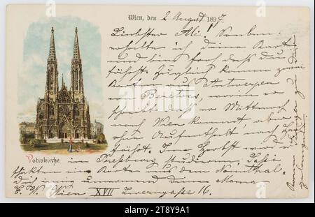 9., Rooseveltplatz - Votivkirche, Ansichtskarte, Schwanhäusser, Produzent, 1897, beschichteter Karton, Farblithografie, Beschriftung, VON, Wien, AN, Golling, ADRESSE, Wohlgeborener Herr -, Golling, bei Salzburg, Poste restante, NACHRICHT, 2. August, 1897, Liebster Ali, ich habe gerade deine Karte erhalten und bin froh, dass du gehst. Gleichzeitig kommen zwei Karten aus Antwerpen aus [Benetras?], in denen er schreibt, dass er am Mittwoch nach Wien kommt, aber ohne Aufenthalt nach Hause geht. Im Herbst wird er in Bratislava studieren, [Saßi?] Schickte eine Karte vom Nonnthal Stockfoto