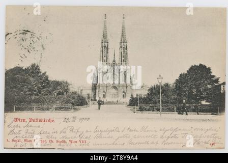 9., Rooseveltplatz - Votivkirche, Ansichtskarte, Charles Scolik (1854-1928), Fotograf, A. Sockl, Hersteller, 1900, Karton, Kollotypen, Inschrift, FROM, Vienna, TO, Gries bei Bozen, ADRESSE, Hochwohlgeb. Frau, Gries bei Bozen, Pension Mon sejour, Tirol, BOTSCHAFT, Liebe Mutter!!! Heute Morgen habe ich die Prüfung von Encyclopdie d. techn gemacht. Chemie und erhielt „ausgezeichnet“   Schnee fiel über Nacht, jetzt herrscht das schlechteste bewölkte Wetter vor, es ist ziemlich kalt und immer noch keine Aussicht auf Verbesserung. Herzl Grüss, Sehenswürdigkeiten, Medien und Kommunikation, Postkarten mit Transliteration Stockfoto