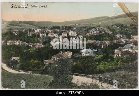 17., Panorama von Dornbach, Ansichtskarte, Paul Ledermann (1882-1946), Produzent, 1912, Karton, handgefärbt, Kollotype, Beschriftung, ZU, Vienna, ADDRESS, [Empfänger und Salzburger Adresse durchgestrichen], Vienna 17, 2, Zwerngasse 16, MESSAGE, Wohlgebo. Gnädige Frau!, ich melde eilig, dass die gekennzeichneten Proben nicht bei Richter angekommen sind, und deshalb nur zufällige Proben dort entnommen werden, wo der Rest der Sektion noch hier ist, sonst sind meine Arbeitskräfte verzögert und zeitaufwändig. Handkuss, Wienerwald, Medien und Kommunikation, Postkarten mit Transliteration Stockfoto