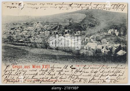 17., Panorama von Dornbach und Neuwaldegg, Ansichtskarte, Verleger Josef Popper (J. P. W.), Produzent, 1900, Karton, Kollotype, Inschrift, FROM, Vienna, TO, Gries bei Bozen, ADRESSE, Fräulein, in Gries bei Bozen, Pension Monsejour, NACHRICHT, 26, III 1900 Ihre LB hat mich sehr zufrieden leider sehen wir, dass Sie erst in 2 Wochen hier ankommen. Hoffentlich bringen Sie uns Sonnenschein, denn seit wir zu Hause waren, hatten wir immer bewölktes Wetter und Regen. Das china ist gerade sicher angekommen! Spielen Sie Tennis? Sind Sie mit Ausflügen beschäftigt? Viele Stockfoto