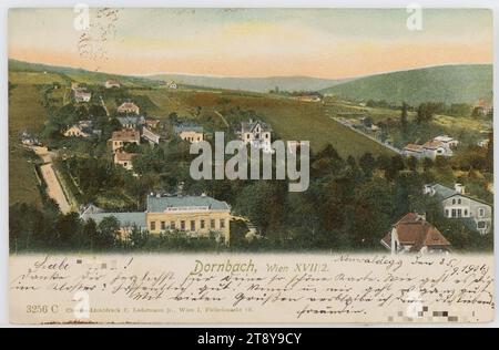 17., Panorama von Dornbach, Ansichtskarte, Carl (Karl) Ledermann Jr., Produzent, 1901, Karton, Heliochrom-Druck, Inschrift, VON Wien NACH Neuhaus, bei Schärding, ADRESSE, Neuhaus, bei Schärding, Institut der Englischen Fräulein, NACHRICHT, Neuwaldegg den 25.9,1901, sehr geehrte Frau, vielen Dank für Ihre so schöne Karte. Wie geht es dir im Kloster? Hoffentlich gut!, Mimi und mir geht es gut, mit vielen Grüßen bleibe ich dein liebevoller Freund, Wienerwald, Medien und Kommunikation, Postkarten mit Transliteration, 17. Bezirk: Hernals, Blick auf das Dorf Stockfoto