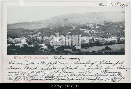 17., Panorama Dornbach, Ansichtskarte, Franz Schöler († 1911), Produzent, 1898, gestrichener Karton, Halbtondruck, Inschrift, VON Wien NACH Wien, ANSCHRIFT, Wohlgeborener Herr [Name] Wien VIII, Wickenburggasse 16, NACHRICHT, Wien d. 15.6,1898., sehr geehrte(r)! der neueste Blick auf Dornbach. Hilda hat Ihre Karte erhalten. Du wirst für deine Hochstimmung bezahlen müssen. Mama und Bubi geht es sehr gut. Ansonsten eine erschütternde Wirtschaft. Ich freue mich schon sehr auf Samstag. Mit Grüßen, Wienerwald, Medien und Kommunikation, Postkarten mit Transliteration Stockfoto